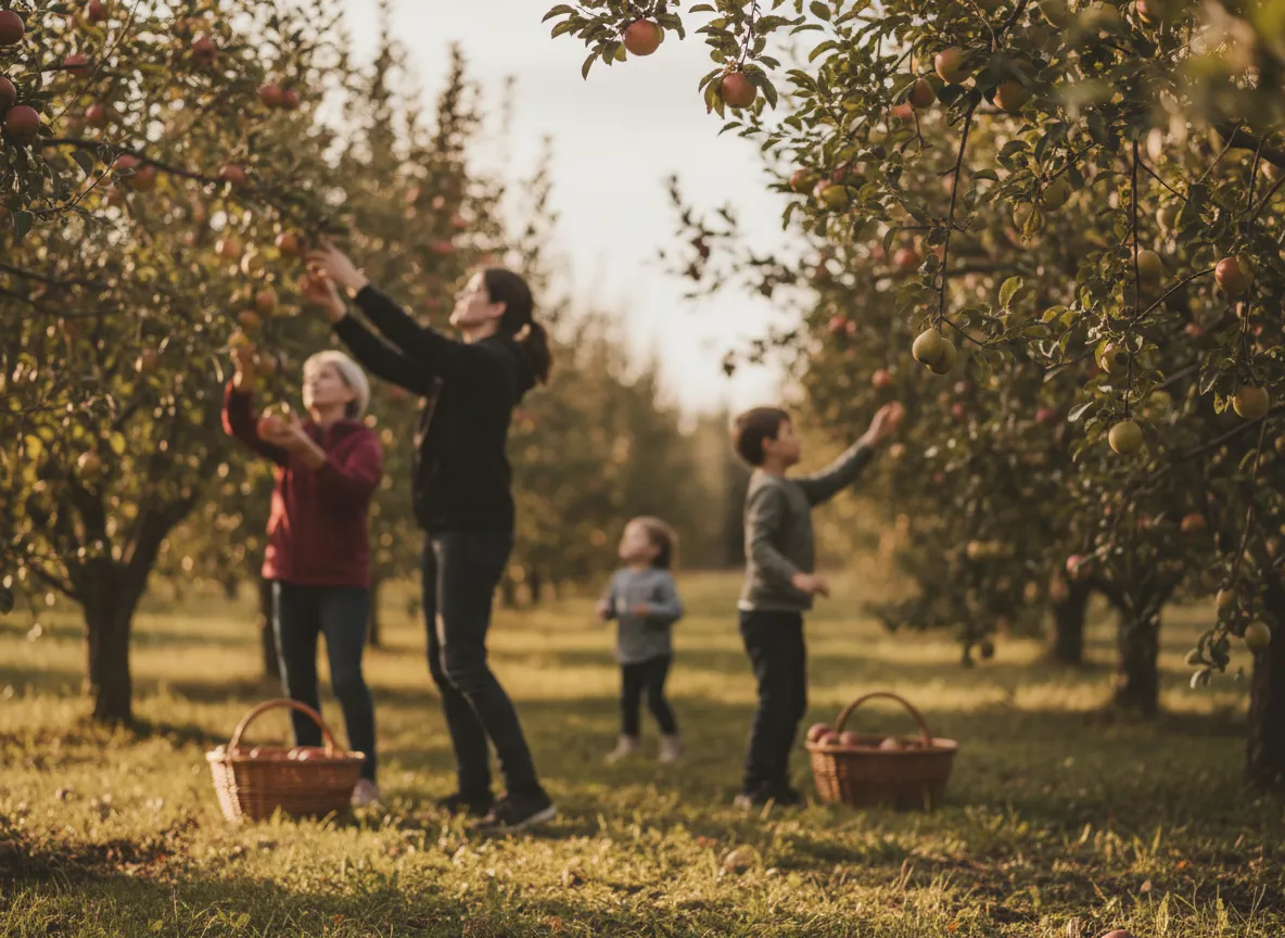 Community members harvesting fruit together in a shared orchard